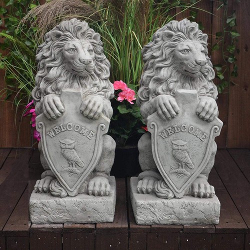 Pair lions heavy stone cast - heavy,